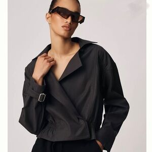 Anthropologie Cropped Ruched-Sleeve Moto Jacket Size XS Dark Grey Cotton Blend